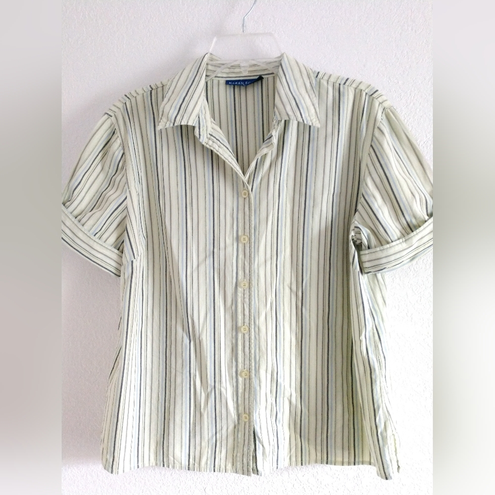 Cute Vintage Karen Scott Striped Short Sleeve Shirt 90s Green Medium Chest 38"